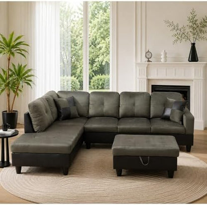 103.5 inch L-Shape Sofa with Storage Ottoman, Flannel Sectional Couch with Left Chaise, Modern 3-Piece Sofa Set, Upholstered Couch Set with Solid Wood Frame for Apartment, Loft, Taupe