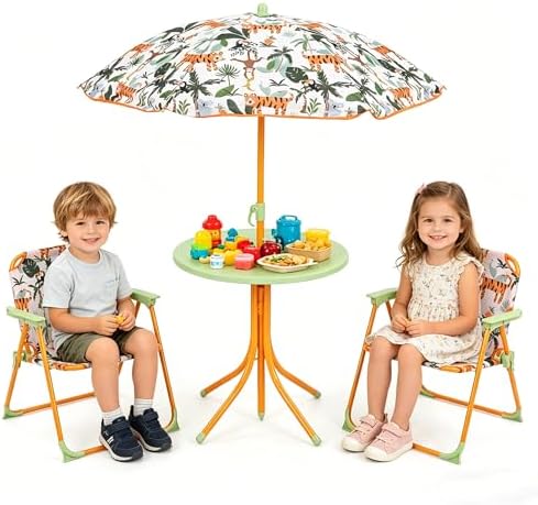 HONEY JOY Kids Picnic Table, Animal Themed Toddler Outdoor Table and Chair Set, 2 Folding Chairs & Removable Umbrella, Children Outdoor Furniture for Backyard Patio Garden (Green Tiger)