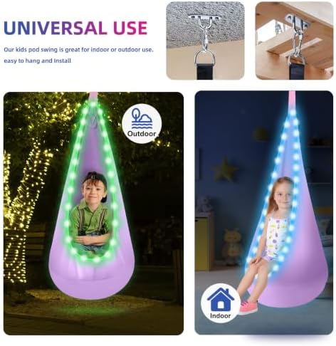 Light Up Kids Pod Swing, Cotton Hammock w/LED, Indoor Outdoor Light Purple