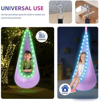 Light Up Kids Pod Swing, Cotton Hammock w/LED, Indoor Outdoor Light Purple