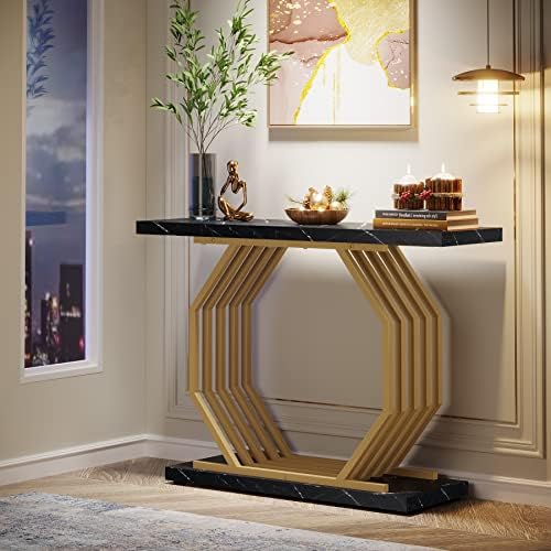 Tribesigns Gold Console Table, Faux Marble Entryway Table Narrow Sofa Table with Geometric Metal Base, 40 Inch Modern Accent Table Entrance Table for Living Room, Hallway, Foyer, Black