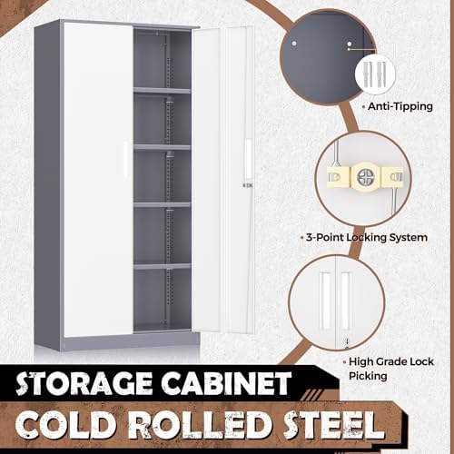 INTERGREAT Metal Storage Cabinet, 72” H Storage Cabinet with 2 Doors and 4 Adjustable Shelves for Office, Home, Garage, Pantry (Gray White)