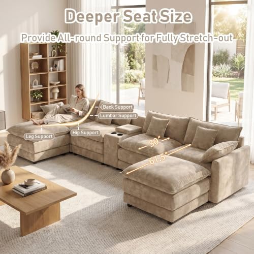ONEMMLION 163" Oversized Cloud Sectional Couch for Living Room, Light Brown