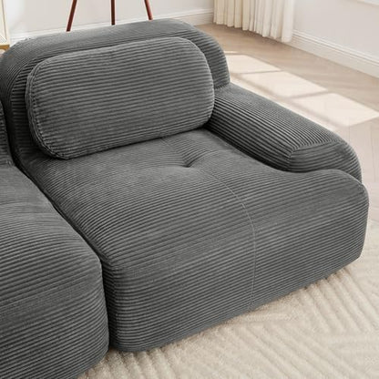 117" Corduroy Modern Sectional Couch, Boneless Couch, Compact sofa, Grey