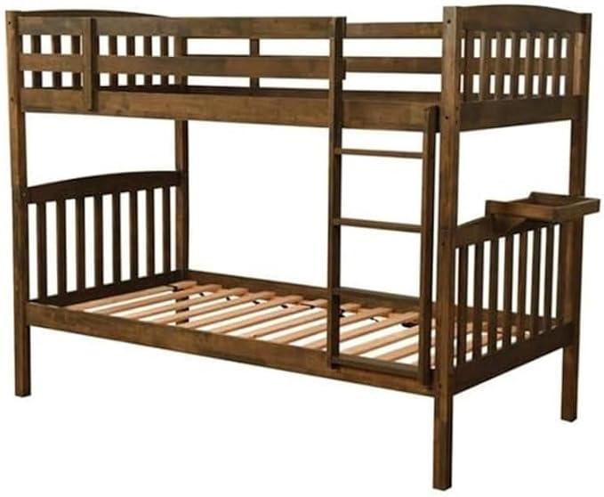 Kodiak Furniture Claire Wood Twin Over Twin Bunk Bed with Tray in Rustic Walnut Brown Finish - Mattresses Not Included