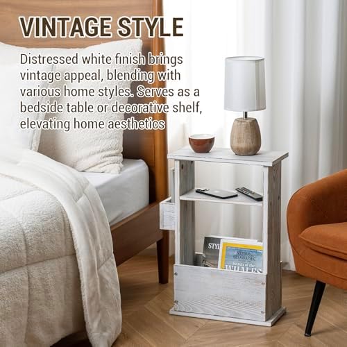 MyGift Wide Side Table, Slim End Sofa Table in Whitewashed Wood with Storage Shelf, Magazine and Remote Holder, Narrow Side Table
