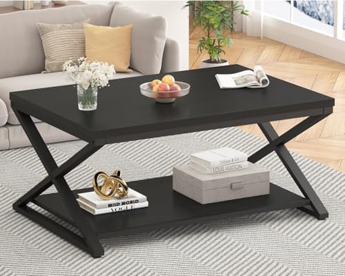 HSH 39" Rectangle Coffee Table with Storage for Living Room, Black Oak