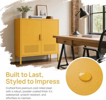 Yellow 2 Door Metal Storage Cabinet, Ventilated Accent Locker with 2 Adjustable Shelves, Freestanding 3 Tier Storage Sideboard Cabinet for Living Room Kitchen Bedroom Entryway Office
