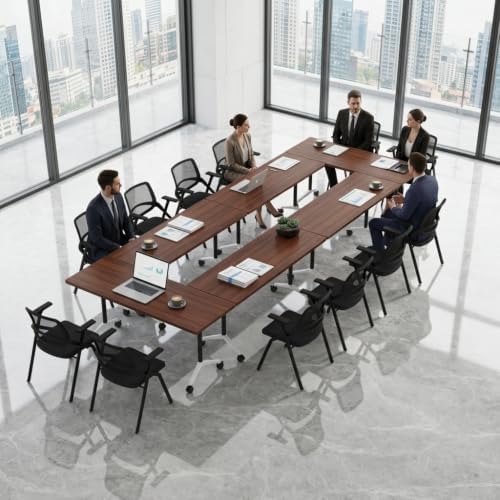 Folding Conference Table, Conference Room Tables with Wheels Foldable Large Rectangle Meeting Seminar Table for 6-12 People, Flip Top Mobile Training Table for Office Classr (6, Walnut 2, 55.1in)