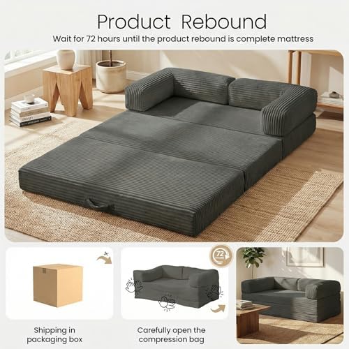 Futon Sofa Bed, Convertible Tri-Folding Mattress Foldable with Removable Armrests & Washable Cover, Boneless Sleeper Couch Bed with High-Density Foam, Full, Grey
