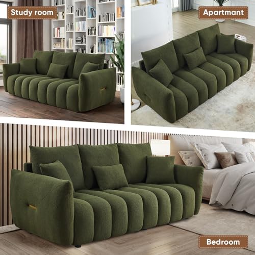 Antetek 78" Modern Sofa Couch, Comfy Deep Seat Teddy Fabric Cloud Sofa, Upholstered 3-Seater Boucle Couch, Oversized Loveseat for Living Room, Bedroom, Office, Apartment, Green