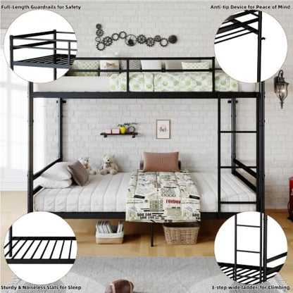 Metal Bunk Bed Twin Over Twin, Heavy Duty Twin Bunk Bed with Ladder & Safety Guardrails for Kids/Teens/Adults, Convertible into 2 Individual Beds, Under-Bed Storage Space, Black
