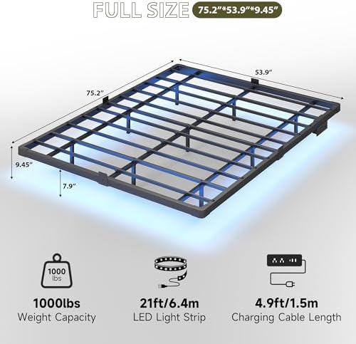 Floating Bed Frame Full Size, Smart LED Lights & Charging Station, 9.45" High Clearance, Mattress Slide Stopper, Noise-Free, No Box Spring Needed, Easy Assembly
