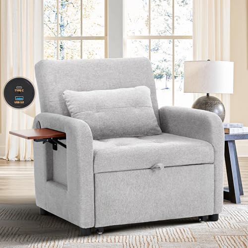 Convertible Sleeper Chair-Fabric Futon Sofa Bed, Single Sleeper Sofa, Small Couch Bed with USB Port, Foldable Table, Pillow, Adjustable Backrest for Dorm/Bedroom/College Lightgrey
