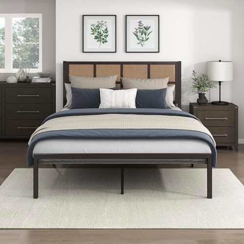 Lexicon Metal Bed Frame with Rattan Headboard, Platform Bed with Strong Metal Slat Support Under Bed Storage, Boho Faux Cane Bed, Mattress Foundation No Box Spring Needed, Full Bed, Dark Bronze