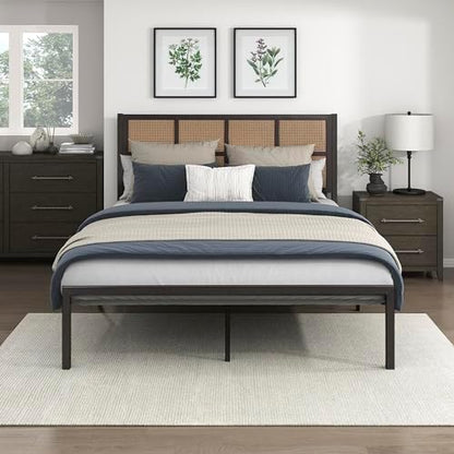 Lexicon Metal Bed Frame with Rattan Headboard, Platform Bed with Strong Metal Slat Support Under Bed Storage, Boho Faux Cane Bed, Mattress Foundation No Box Spring Needed, Full Bed, Dark Bronze