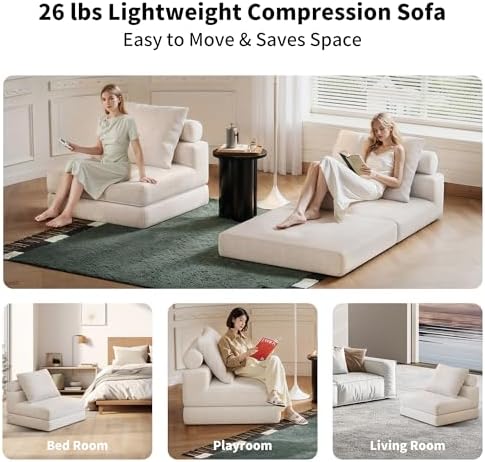 Folding Sofa Bed, 3-in-1 Convertible Sleeper Chair Bed with Pillows, Foldable Floor Couch with High-Density Foam, Futon Small Boneless Couch for Living Room Bedroom Lounge, Single, White