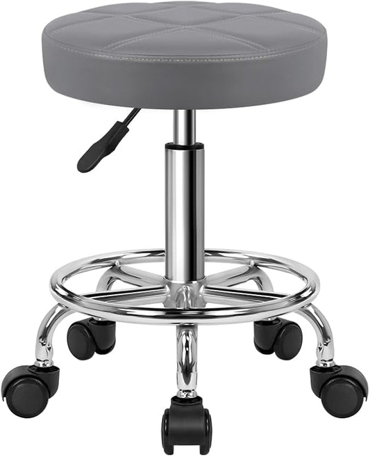 KKTONER Round Rolling Stool Chair PU Leather Height Adjustable Swivel Drafting Work SPA Shop Salon Stools with Wheels Office Chair Small (Gray)