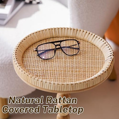 Small Side Table, Rattan Drink Table, Round Side Table for Small Spaces, Boho Circle End Table Coffee Table with Solid Wood Leg for Living Room, Pedestal Table for Bedroom, Corners