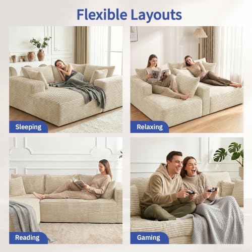 Camel Oversized Sectional Boneless Couches with Ottoman. Right Face Chaise