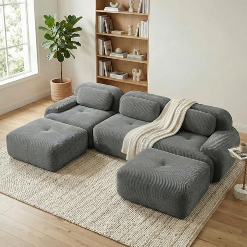 117" Corduroy Modern Sectional Couch, Boneless Couch, Compact sofa, Grey