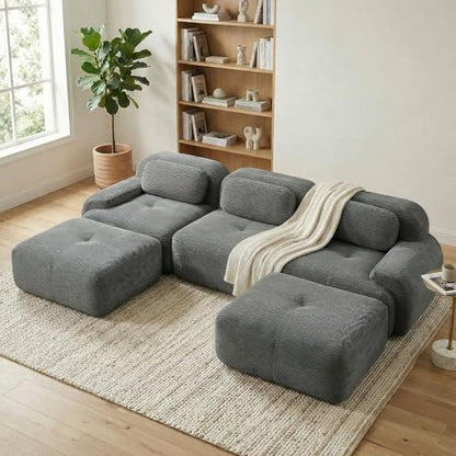 117" Corduroy Modern Sectional Couch, Boneless Couch, Compact sofa, Grey