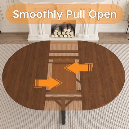 43"-59" Extendable Round Dining Table for 4-6,Mid Century Modern Walnut Wood Grain Table,Expandable Kitchen Table with Metal Storage Shelf for Small Spaces