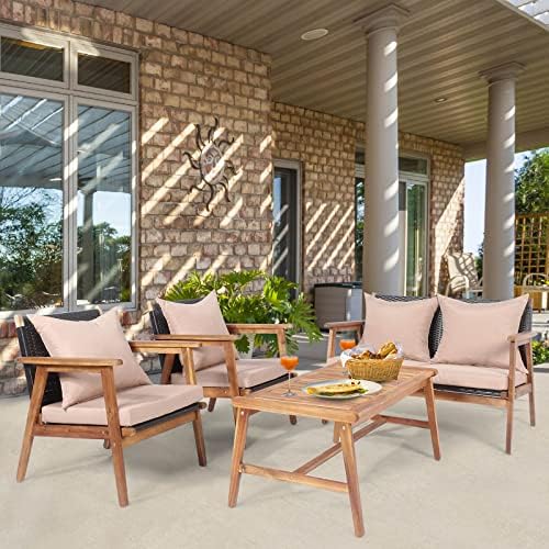 Tangkula 4-Piece Patio Furniture Set, Outdoor Acacia Wood Conversation Set with Cushions and Coffee Table, Outdoor PE Wicker Sectional Sofa Set for Garden, Poolside and Backyard (1, Beige)