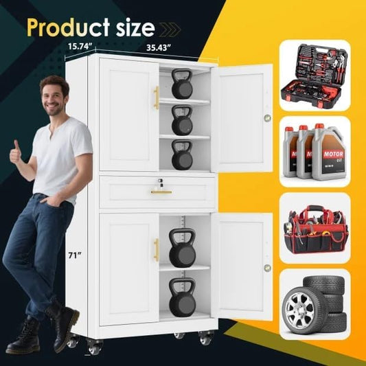 PAOFIN Metal Tall Storage Cabinet with Drawer, Garage Storage Cabinet with Locking Doors and 3 Adjustable Shelves, 71" H Steel Cabinets for Garage, Home, Office, White, Assembly Required