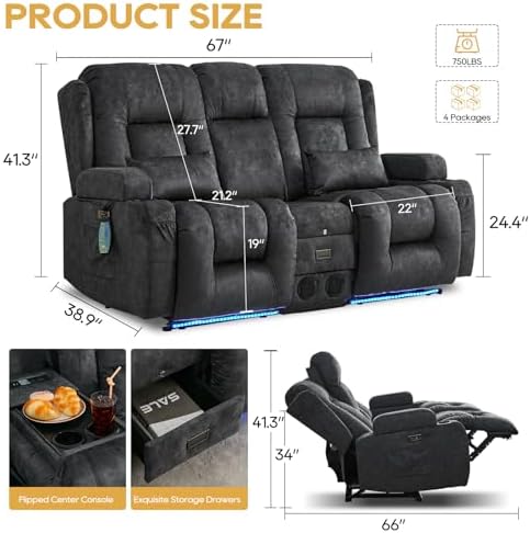 IPKIG Power Loveseat Recliner Sofa with Flip Back Console, 67" - 3 Seat