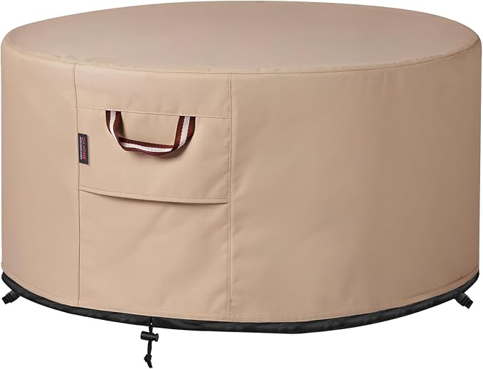 QH.HOME Fire Pit Cover Round-45-48 Inch Heavy Duty 900D Strong Tear-Resistant and UV Resistant and Waterproof and Fading Resistant Material Polyester Firepit Covers Round for Outdoor Fire Pit-Wheat