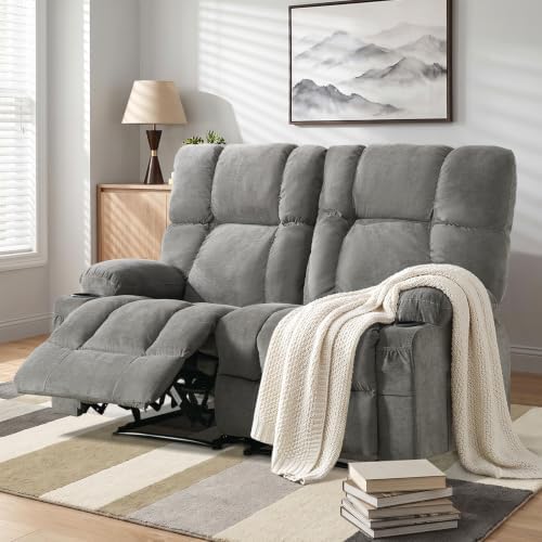 Oversized Fabric Reclining Loveseat Sofa for Living Room with Cup Holders