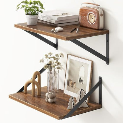 10 Inch Deep Floating Shelves, Walnut Floating Shelf 16 Inch Long, 16" W x 10" D Wall Shelves Set of 2, Deep Shelves for Books, Wide Floating Shelves for Bahtoom, Living Room, Kitchen