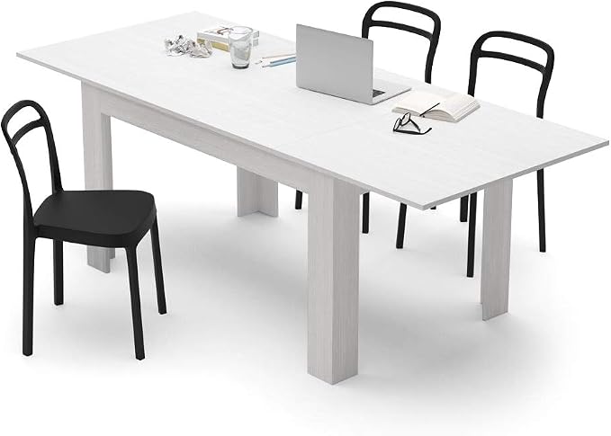 Mobili Fiver Easy Extendable Dining Table, 55.1 to 86.6 Inches, Seats 6-8, Ashwood White, Made in Italy