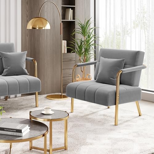 Yaheetech 30" Velvet Sofa Chair Accent Sofa with Gold Metal Leg, Light Gray