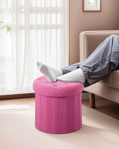 Bsketa Round Storage Ottoman, 14" Folding Velvet Foot Stool,Pink 2 Pack