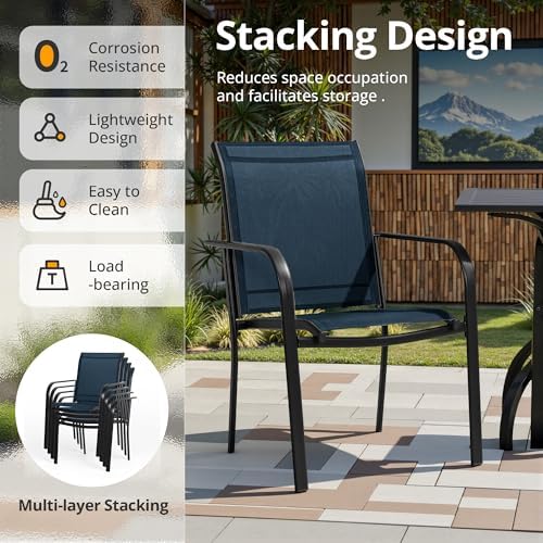 SUNCROWN 6 - Piece Outdoor Dining Set, Patio Furniture Set with 4 Textilene Dinning Chairs, 41" Metal Round Table and 1 Dark Blue 9Ft Patio Umbrella for Lawn Garden Backyard Deck, Blue