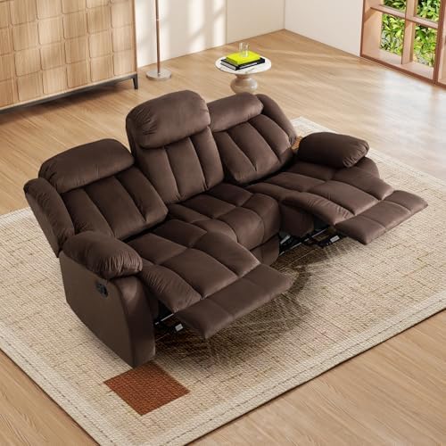 INZOY Manual Reclining Sofa Set, Modern 3 Reclining Sofa Couch for Living Room Furniture, Included Manual Single Recliner Chair and Wall-Hugger 3 Seat Recliner Sofa Coach, Brown, 1+3