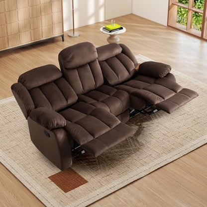 INZOY Manual Reclining Sofa Set, Modern 3 Reclining Sofa Couch for Living Room Furniture, Included Manual Single Recliner Chair and Wall-Hugger 3 Seat Recliner Sofa Coach, Brown, 1+3