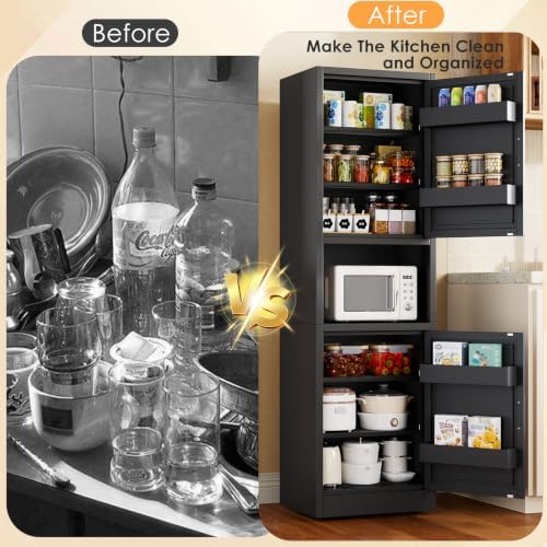 67" Tall Narrow Storage Cabinet, Metal Freestanding Pantry Cabinet with Adjustable Shelves, Multi Door Slim Organizer Fit for Microwave, Kitchen, Bathroom(Black)