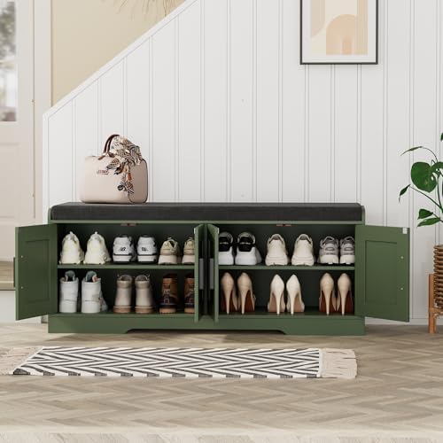 Shoe Storage Bench, 4 Doors & Thickened Padded Seat Cushion