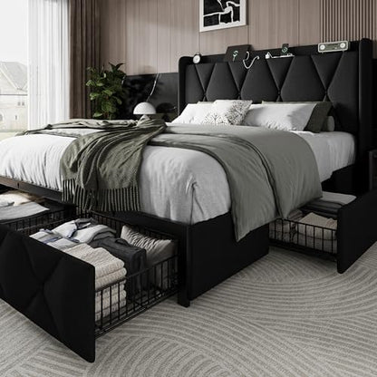 Einhomn Full Size Bed Frame with 4 Storage Drawers and Charging Station, Upholstered Platform Bed Frame with Storage Headboard, No Box Spring Needed, Easy Assembly, Black