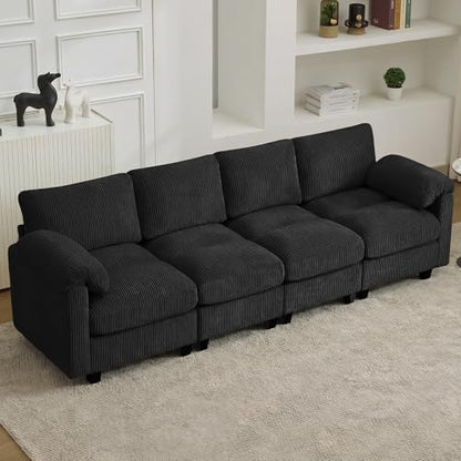 Modular Sectional Sofa, 114'' Corduroy Deep Seat 4-Seater Couch, Black