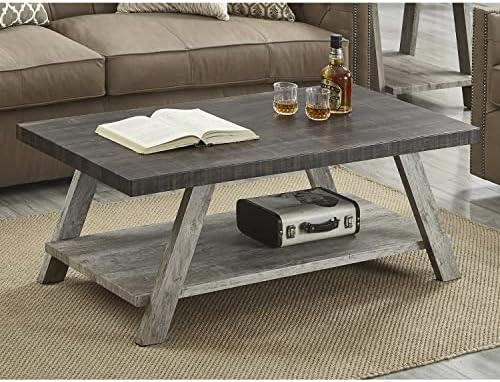 Roundhill Furniture Athens Contemporary Wood Shelf Coffee Table, Weathered Walnut and Gray