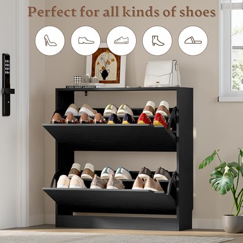 BORNOON Shoe Cabinet with 2 Flip Drawers, Slim Narrow Shoe Storage Cabinet, Freestanding Shoe Organizer with Adjustable & Removable Shelves, Top Display Shelf for Entryway, Hallway, Foyer, Closet