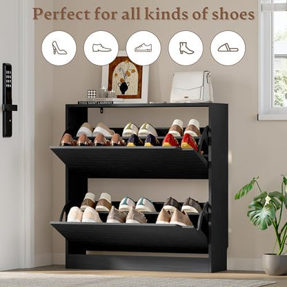 BORNOON Shoe Cabinet with 2 Flip Drawers, Slim Narrow Shoe Storage Cabinet, Freestanding Shoe Organizer with Adjustable & Removable Shelves, Top Display Shelf for Entryway, Hallway, Foyer, Closet
