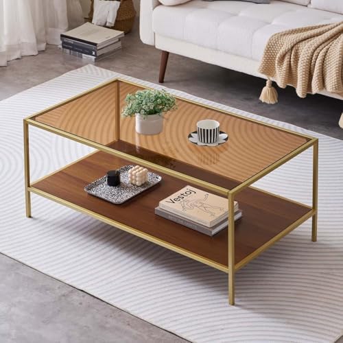 Glass Coffee Table for Living Room, L39xW22xH17inch, 2-Tier Mid-Century Modern Table with Amber Tempered Glass Top and Walnut Finish Wood Top, Gold Finish Frame