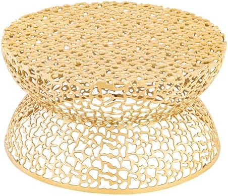 35" Gold Aluminum Round Coffee Table with Geometric Cutout Base