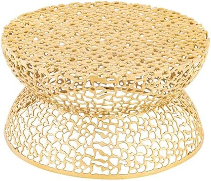 35" Gold Aluminum Round Coffee Table with Geometric Cutout Base