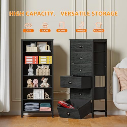 Black Dresser for Bedroom, Tall Fabric Chest of Drawers